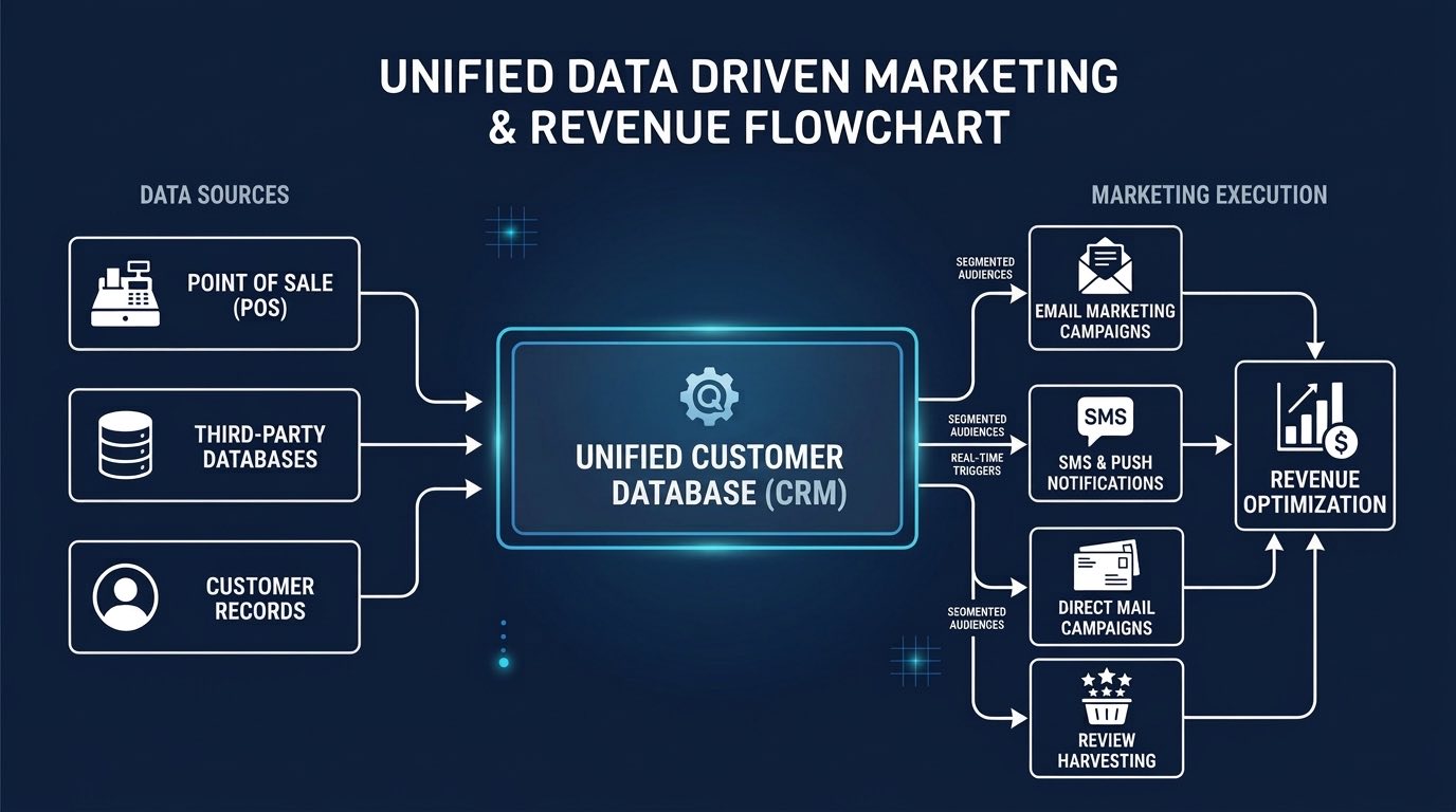 Your point of sale, third-party databases and customer records feed one unified customer database. From there, segmented email, SMS, direct mail and review campaigns run automatically, and every one of them reports back against revenue.